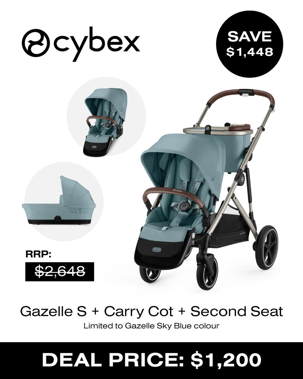 Gazelle + Carry Cot + Second seat bundle